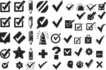 Doodle chalk check mark set. Black charcoal pencil check boxes, sketch checklist icons, tick cross signs. Crayon grunge checkmark elements. Hand drawn checkbox vote marks, correct or incorrect symbols