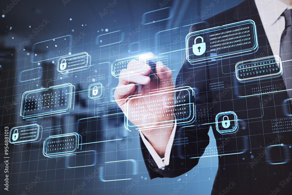 Poster close up of businessman hand with pen using creative encrypted code hologram on blurry office backgr
