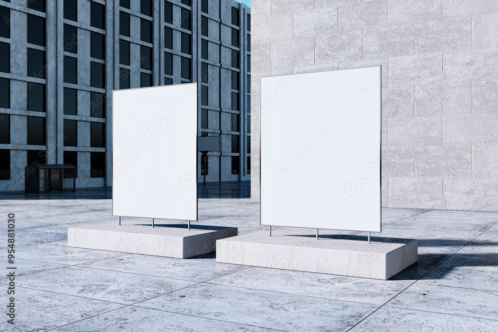 Poster empty white billboards in front of building exterior. sunny day. commercial concept. mock up, 3d ren
