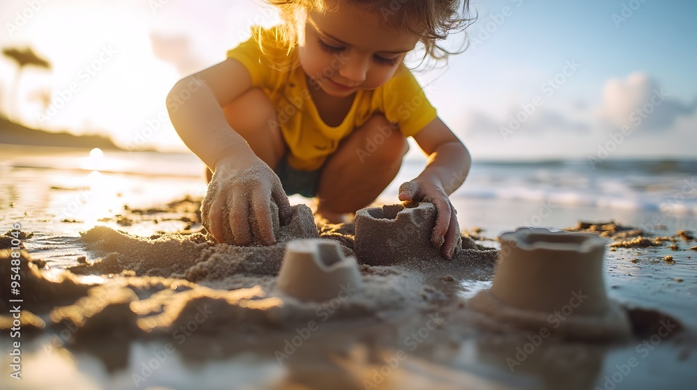 Poster closeup view of a young child creating intricate sand shapes and structures using molds and their ha