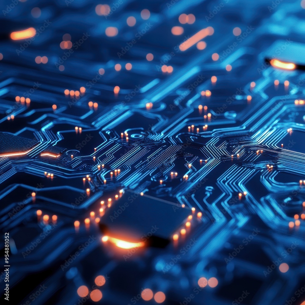Poster abstract circuit board pattern with orange glowing lights - technology background