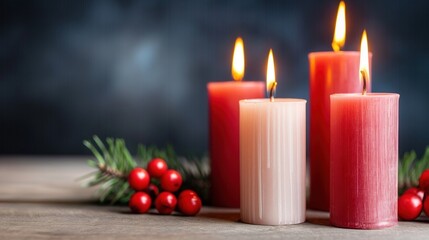 Four candles in shades of red and pink are lit, creating a warm ambiance. Surrounded by pine branches and red berries, they evoke a cozy holiday spirit on a rustic wooden surface