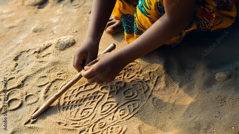 Poster closeup view of a young child diligently drawing and creating intricate patterns in the sandy beach 