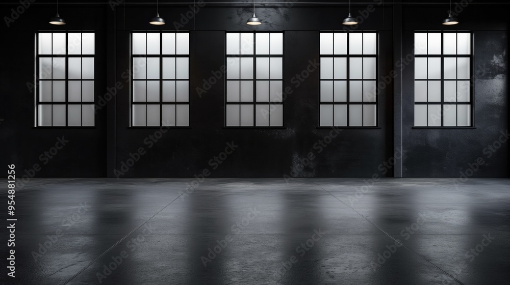 Poster a spacious industrial space features large windows allowing diffuse light to fill the room, creating