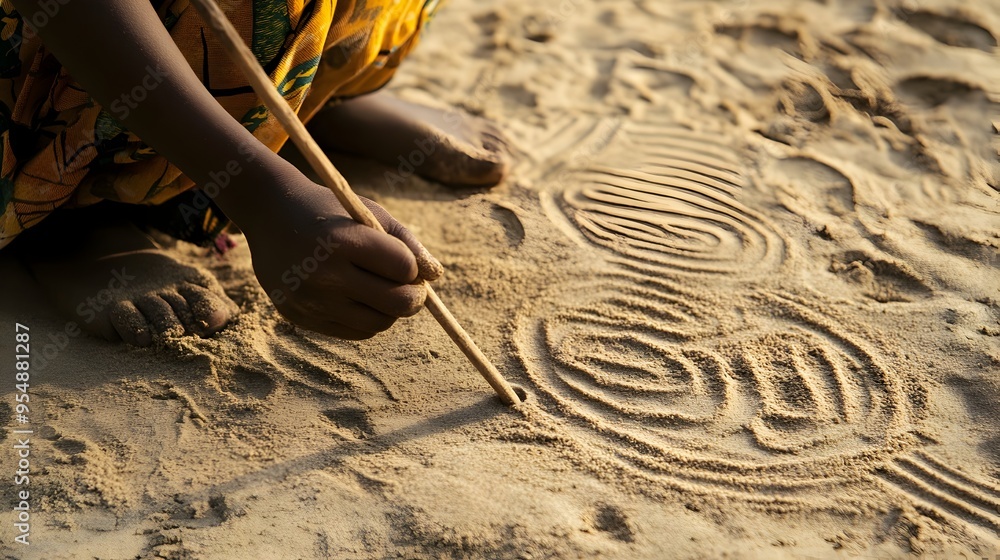 Poster closeup image of a young child intently drawing intricate patterns and designs in the sand using a w