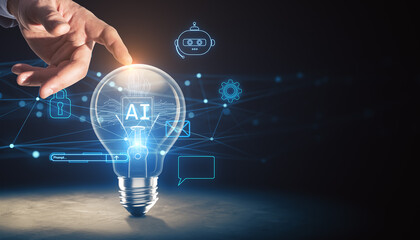 Close up of businessman hand pointing at glowing ai lamp on dark blue background. Artificial intelligence and future innovations concept.