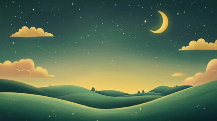 Fototapeta premium Dreamy Night Sky Over Rolling Green Hills with Crescent Moon and Stars - Illustration.