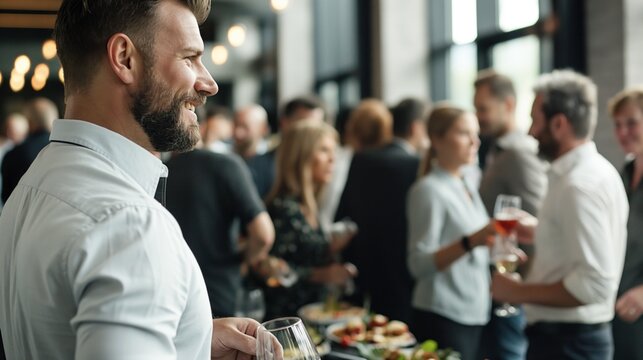 A well-dressed man smiles while holding a glass of wine, surrounded by a group of people mingling and enjoying appetizers at a vibrant indoor gathering