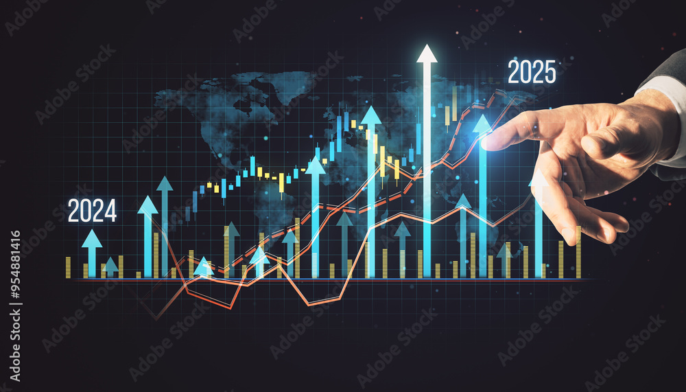 Poster close up of businessman hand pointing at growing business chart grid hologram and map on dark backgr