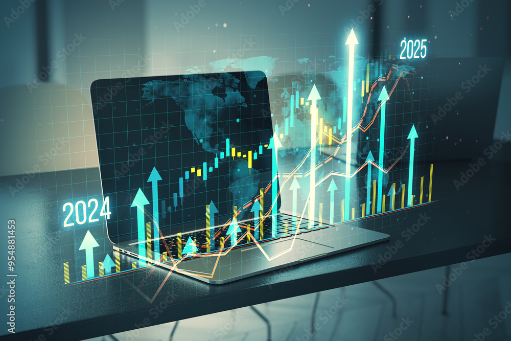 Poster close up of laptop on office desk with growing business chart grid hologram and map on blurry backgr