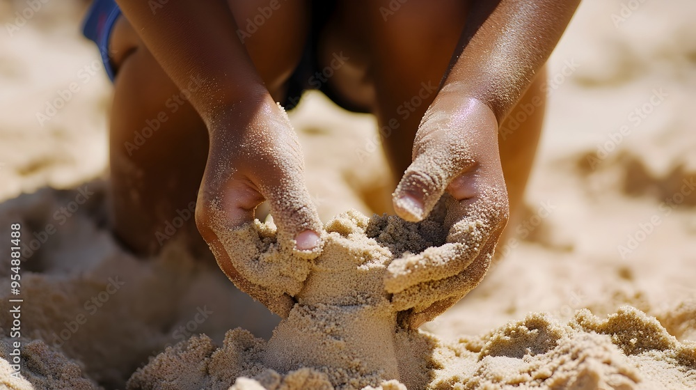 Poster close up shot of a young child using both hands to gather wet sand from the beach in order to build 
