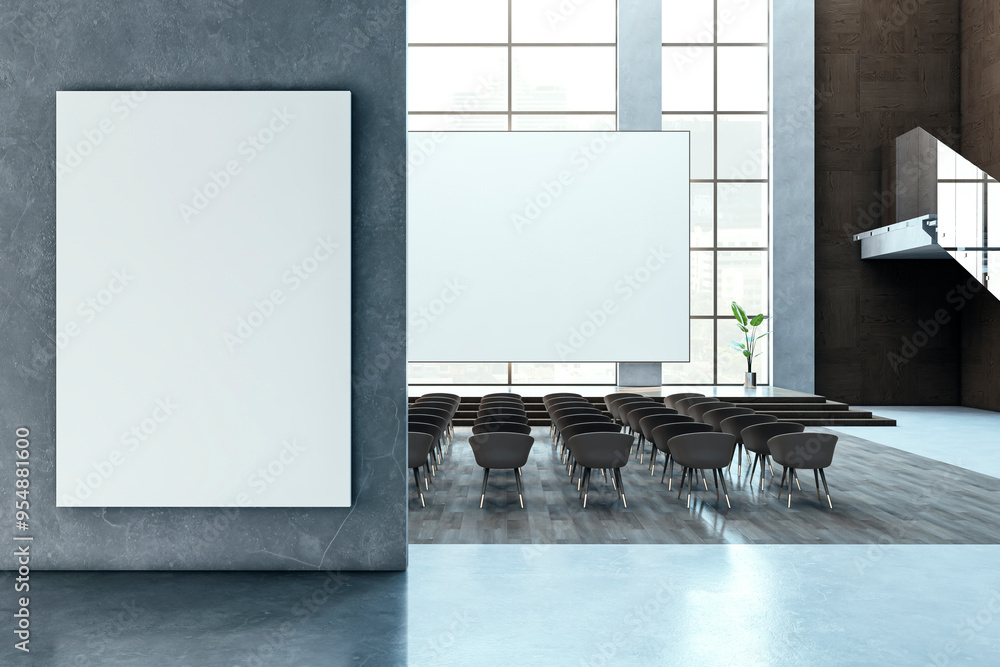 Poster modern auditorium with windows and city view, white mock up banner. education and lecture concept. 3