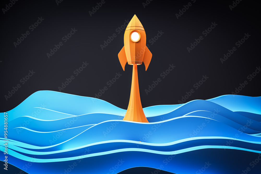 Poster rocket launching off creative dark blue wavy backdrop. startup and launch concept. 3d rendering.