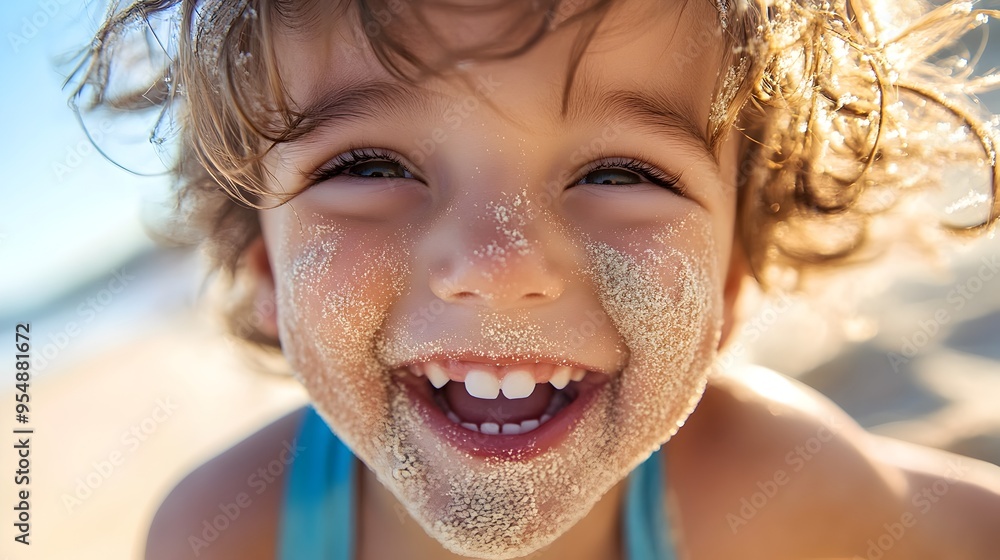 Poster closeup of a cheerful child giggling with delight while playfully exploring and interacting with san