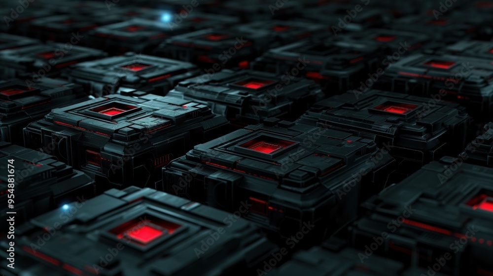 Poster rows of dark cubes with glowing red centers dominate the foreground, creating a futuristic, high-tec