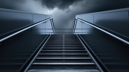 The metal staircase rises towards a dramatic sky filled with dark clouds. The contrasting elements evoke a sense of mystery in an urban setting as twilight approaches