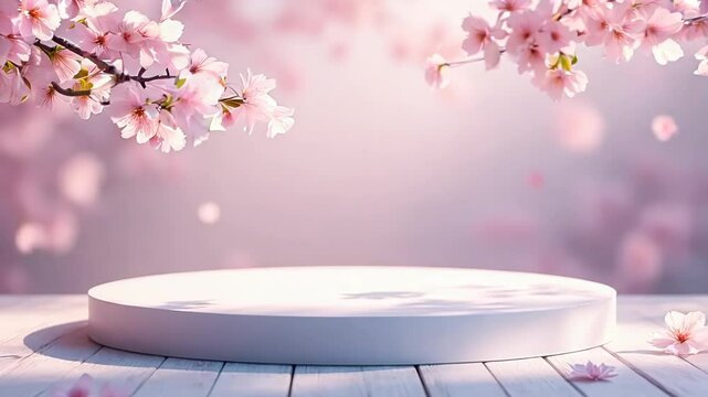 Cherry blossoms frame circular white podium on pale wooden planks. Soft pink petals contrast with sleek display platform, creating serene spring atmosphere. Dreamy backlighting enhances ethereal mood.