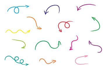 Chalk scribble brush arrow set. Crayon handwritten arrow elements. Vector hand drawn doodle scribble crayon, marker color brush texture. Rough chalk vector illustration isolated on white background.