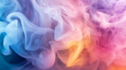 Obraz premium A close-up of swirling, iridescent smoke in various colors, with soft, blurred edges creating a dreamy and abstract effect against a plain background.