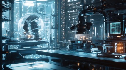 Futuristic Laboratory in Dark Cyberpunk Setting