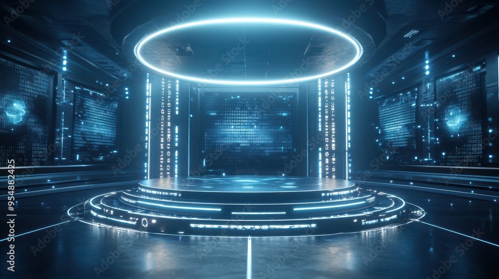 Poster futuristic sci-fi stage with neon lights and binary code background.