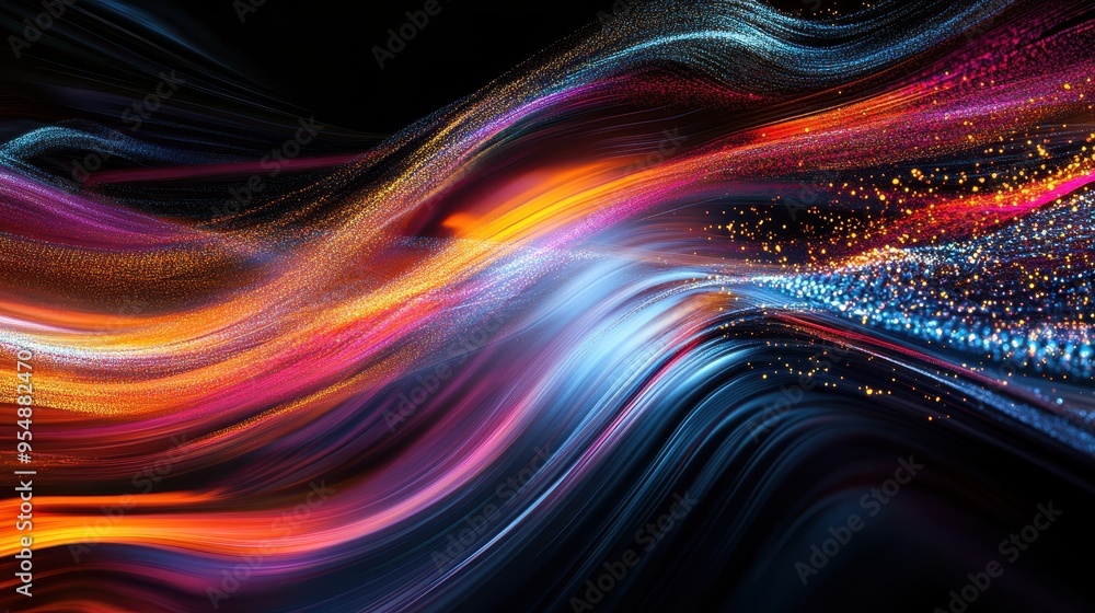Poster abstract background with colorful swirling lights and glittering particles.