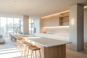 Minimalist kitchen with natural wood elements and sleek white countertops