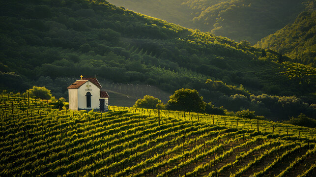 A vineyard in Molise Italy with a small chapel nestled among the vines.