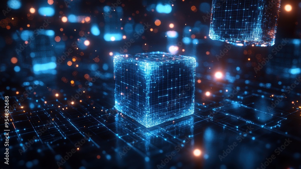 Aufkleber abstract blue cube with glowing lines and particles in dark background.