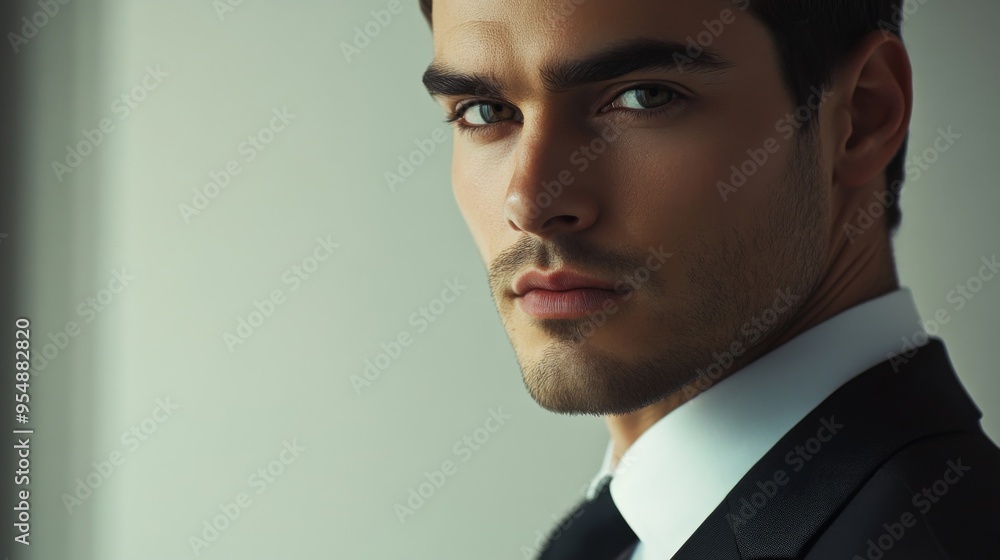 Poster a close-up portrait of a dapper man in a formal suit, with a clear focus on his facial expressions a