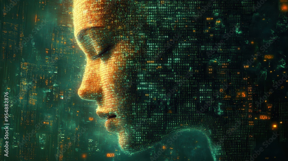Poster abstract digital face with binary code and glitches, artificial intelligence, digital art, cyber tec