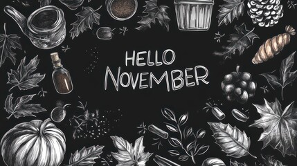 "HELLO NOVEMBER" in a chalkboard style with autumn recipes and spices sketched around