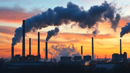 A large industrial area with many tall smokestacks emitting smoke