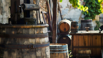 A vineyard in Piedmont Italy with a rustic wine press and wooden barrels.