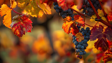 A vineyard in Piedmont Italy with colorful autumn leaves and ripe grapes.