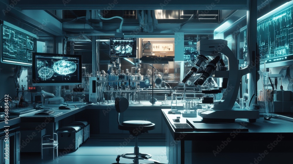 Poster futuristic high-tech research laboratory with advanced robotics