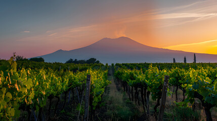 A vineyard in Sicily Italy with the silhouette of Mount Etna in the background.