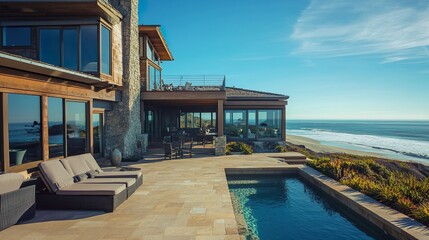 Fototapeta premium A large house with a pool and a patio overlooking the ocean