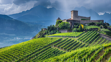 A vineyard in the Aosta Valley Italy with a historic fort on the hilltop.