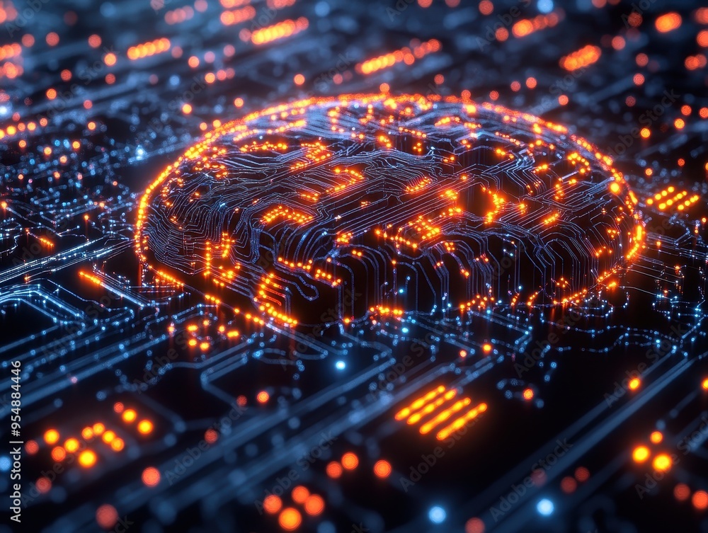 Poster abstract circuit board with glowing brain shape - ai, technology, and digital concept.