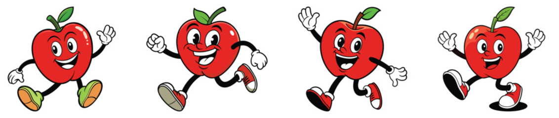 Apple retro cartoon mascot stickers. Comic character with happy smile face and other elements. Groovy funky vector illustration in trendy retro cartoon style.