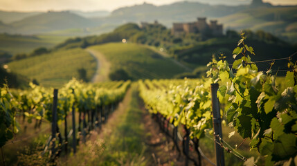 A vineyard in the Marche region Italy with a medieval castle in the distance.