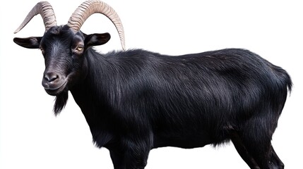 A black goat with horns is standing on a white background