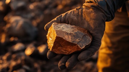 Gloved Hand Holding Copper Ore Rock. Close-up of a gloved hand holding a rough piece of copper ore in a mining area, bathed in warm sunlight.