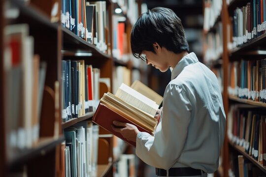 Young person reading book in library, shelves in background