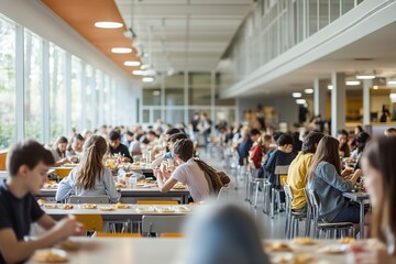 Students dining in busy school cafeteria