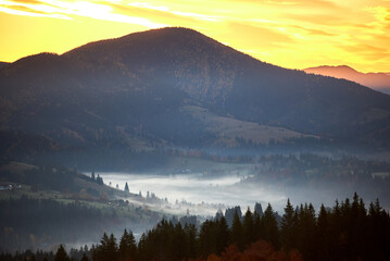 Serene landscape at sunrise, showcasing rolling hills covered in dense forests. Mist gently...