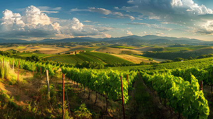 Naklejka premium A vineyard in Tuscany Italy with a panoramic view of the surrounding countryside.