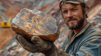 Miner Displaying Copper Ore in Quarry. Smiling miner holds up a large copper ore rock, standing in a quarry with a blurred background of mining operations.