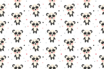 Seamless pattern with kawaii little cute sweet panda in full height for children on white background